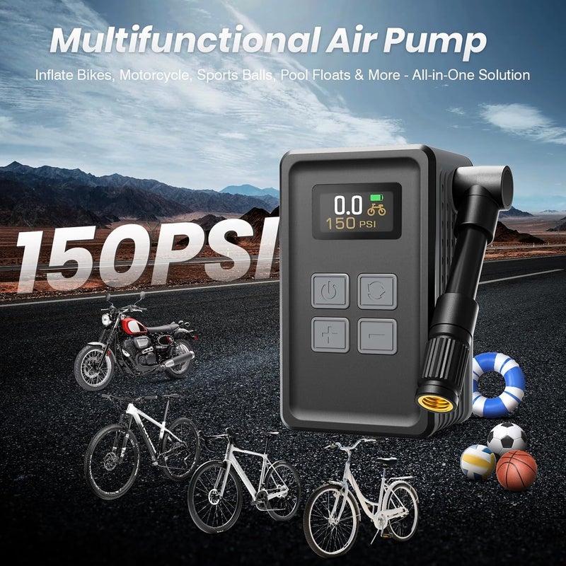 TOOLBOOX Mini Bicycle Pump with Gauge, Max 150PSI Electric Bike Pump with Presta & Schrader Valve, 4X Faster, Auto Stop, Brushless Motor, Upgraded Portable Bike Tire Pump for E-Bike, MTB, Road Bike, Ball, etc - Image 4